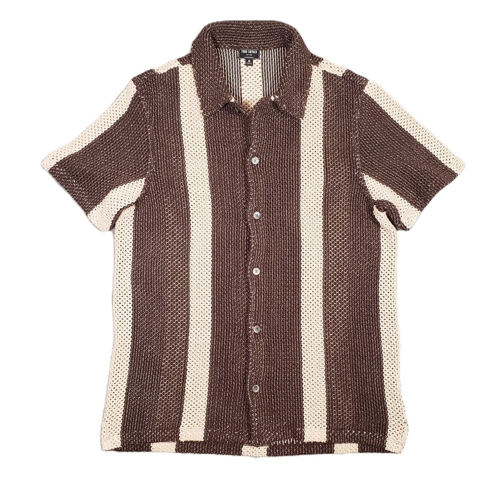 Todd Snyder Textured Stripe Cabana Shirt Mens M Brown Cream Knit Crochet Modern